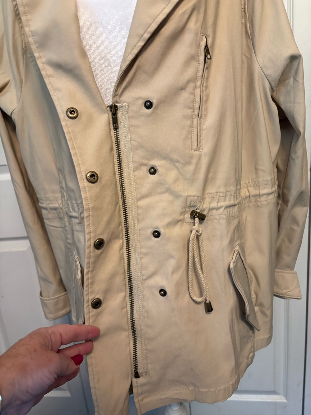 Beige Drawstring Utility Jacket with Zippered Pockets - Picture 3 of 6